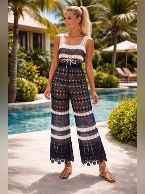 Self-Portrait Flower Stripe Crochet Jumpsuit New w Partial tag